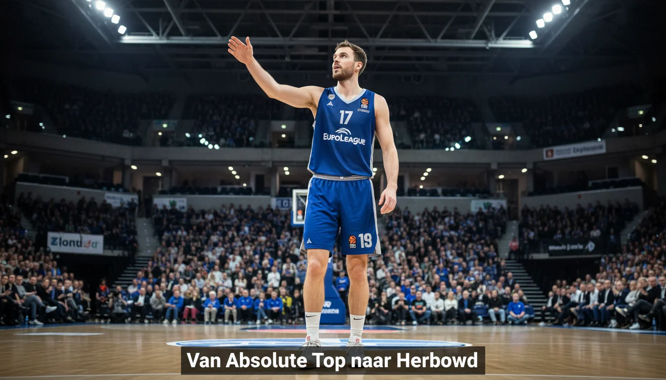 Anadolu Efes basketbalspeler in blauw-grijs tenue organiseert het spel op een verlicht EuroLeague parket