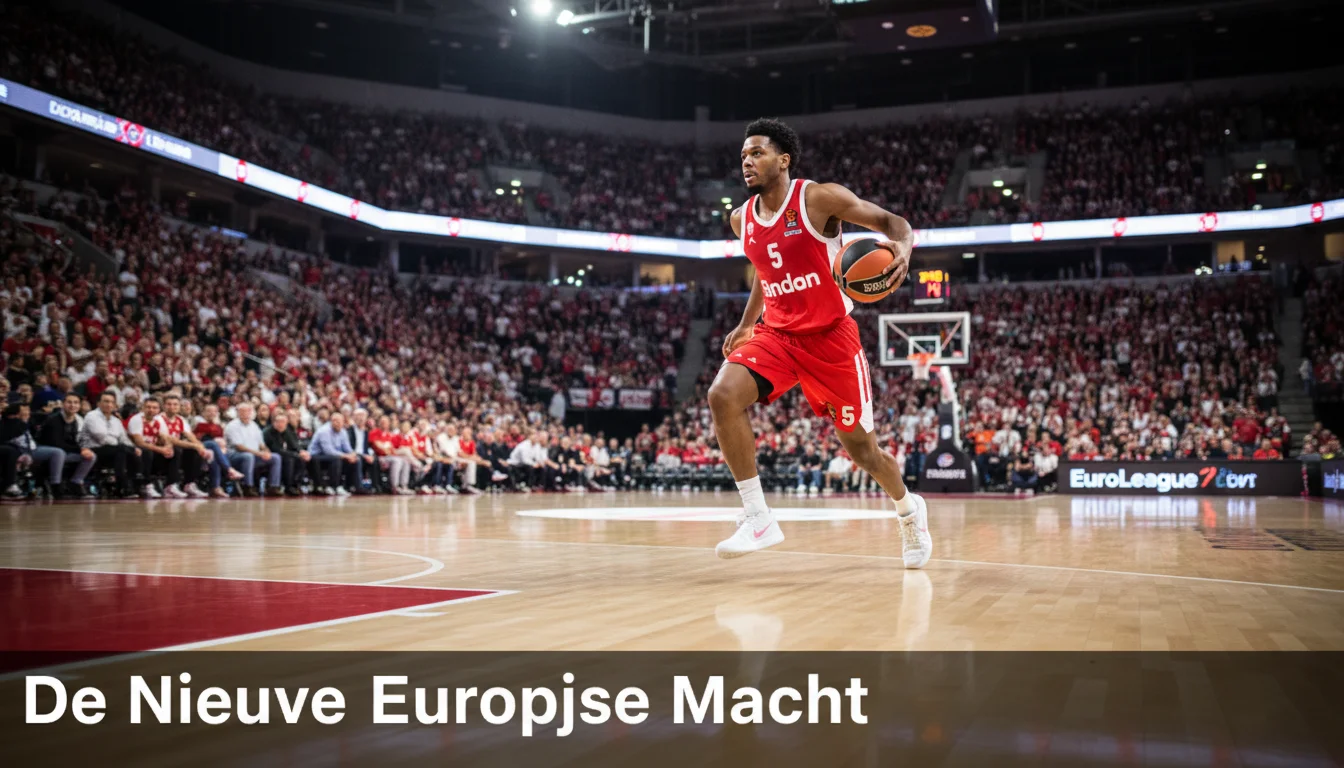 AS Monaco basketbalspeler in rood-wit tenue in snelle fast-break op verlicht EuroLeague parket
