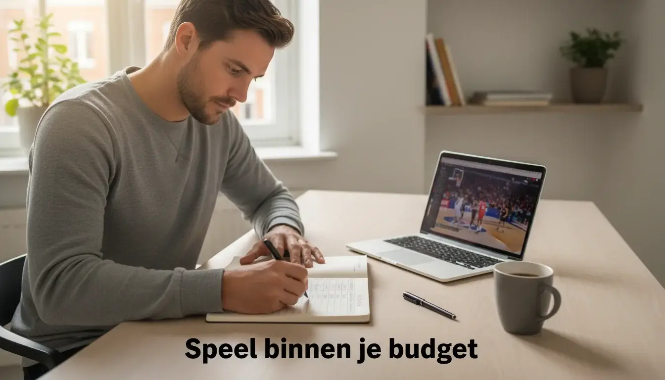 Man noteert wedbudget in notitieboek aan bureau met basketbalwedstrijd op de achtergrond
