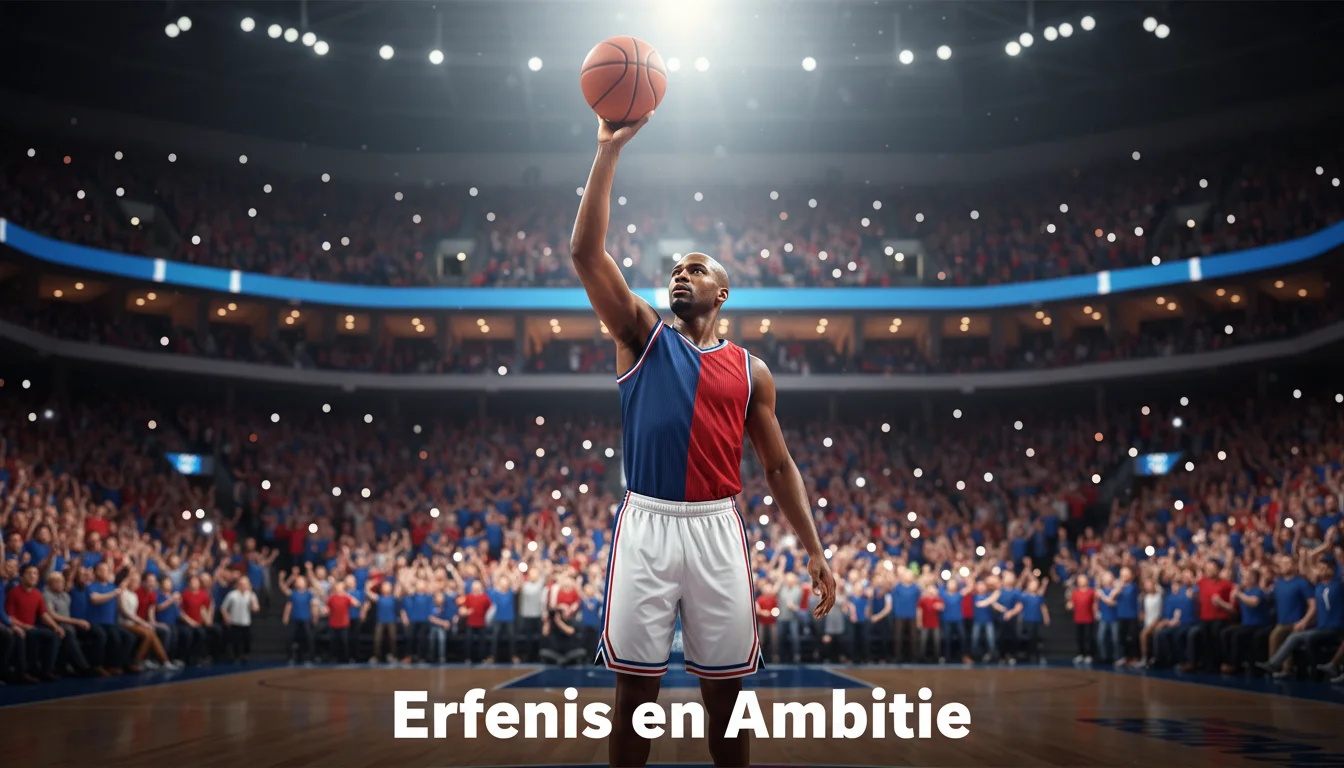 Barcelona basketbalspeler in blauw-rood tenue stijgt op voor een jump shot in een uitverkochte EuroLeague arena