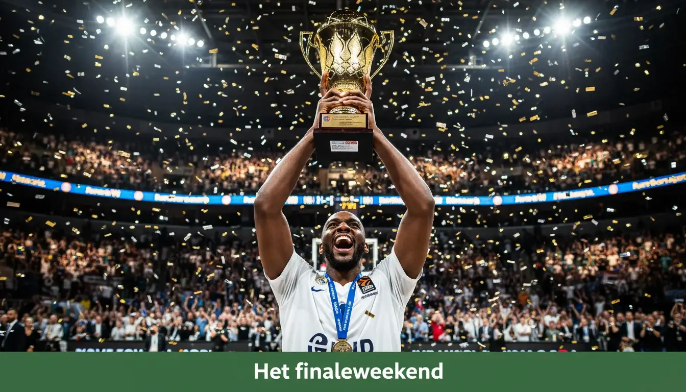 EuroLeague Final Four: basketbalspeler houdt trofee omhoog in uitverkochte finale-arena