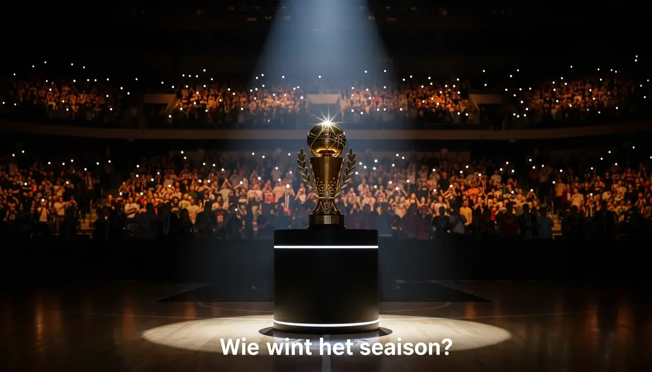 EuroLeague kampioenstrofee op podium in verlichte arena na het seizoen