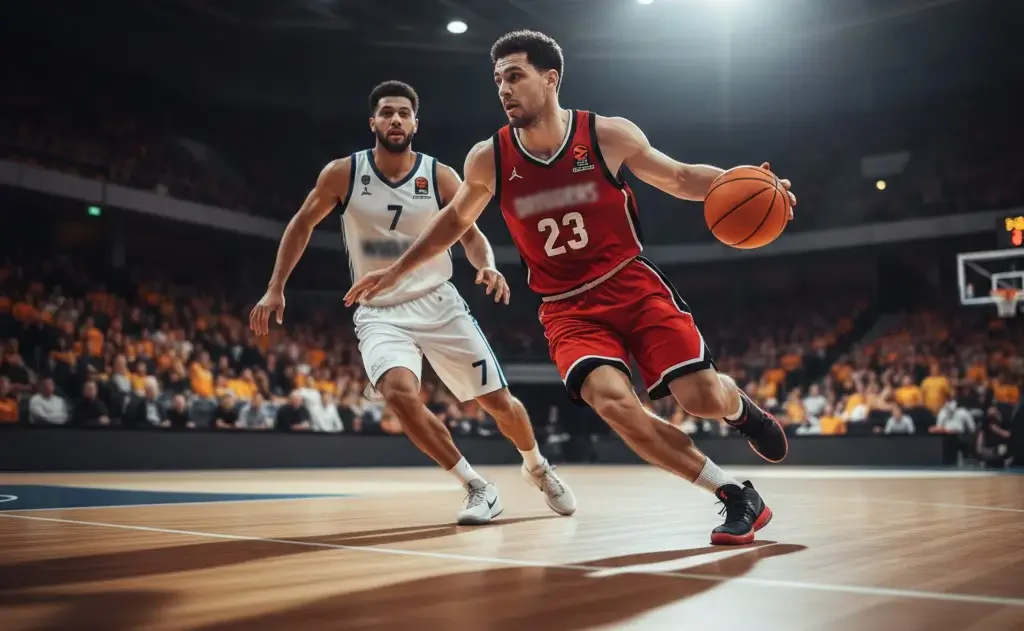 EuroLeague basketbalspeler in aanval op parketvloer met tegenstander op de hielen