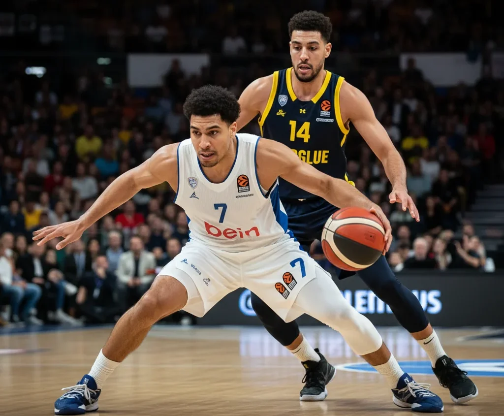 EuroLeague basketbalwedstrijd in volle gang: speler in explosieve drive naar de basket