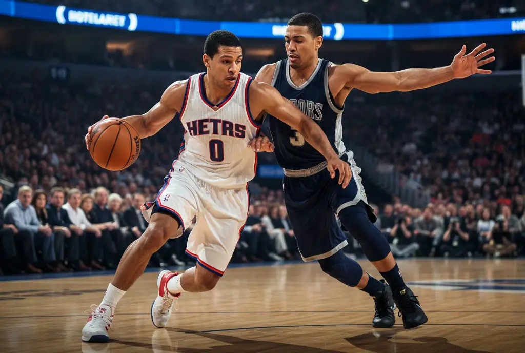 EuroLeague basketbalwedstrijd: twee spelers in duel om de bal op parketvloer