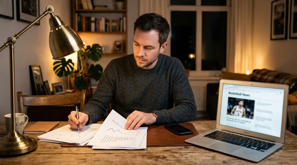 Twee basketbalteams in actie met grafiek van odds-vergelijking op de achtergrond