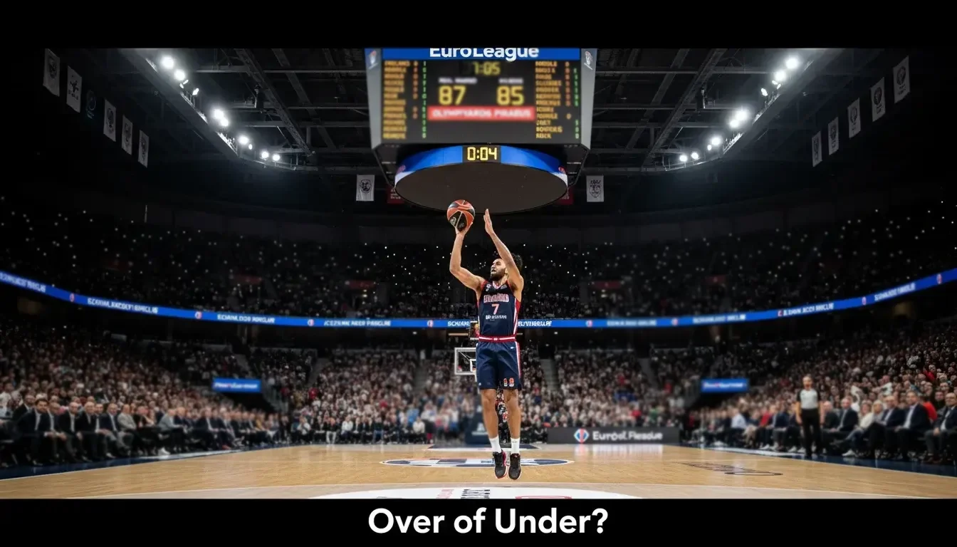 EuroLeague basketbalwedstrijd: scorebord verlicht boven volle arena