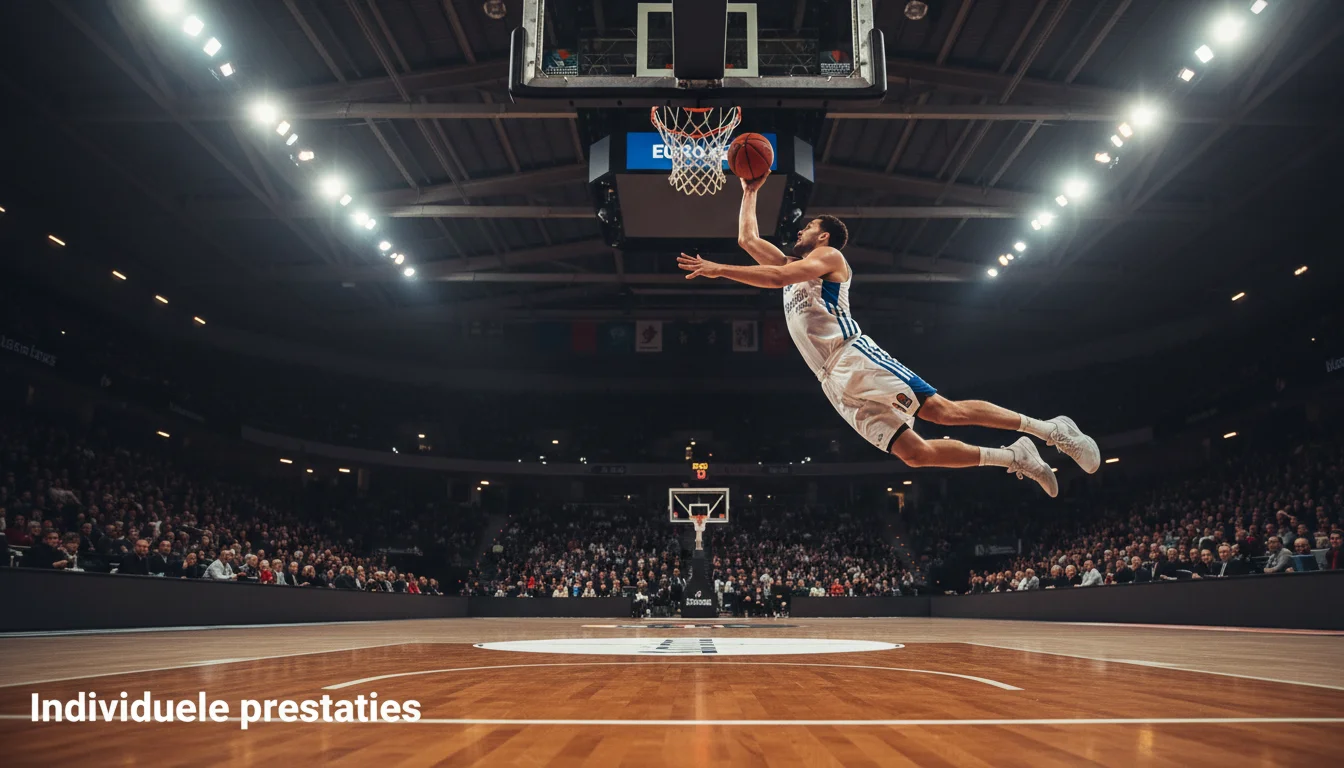 EuroLeague basketballer scoort layup in verlichte arena vol supporters