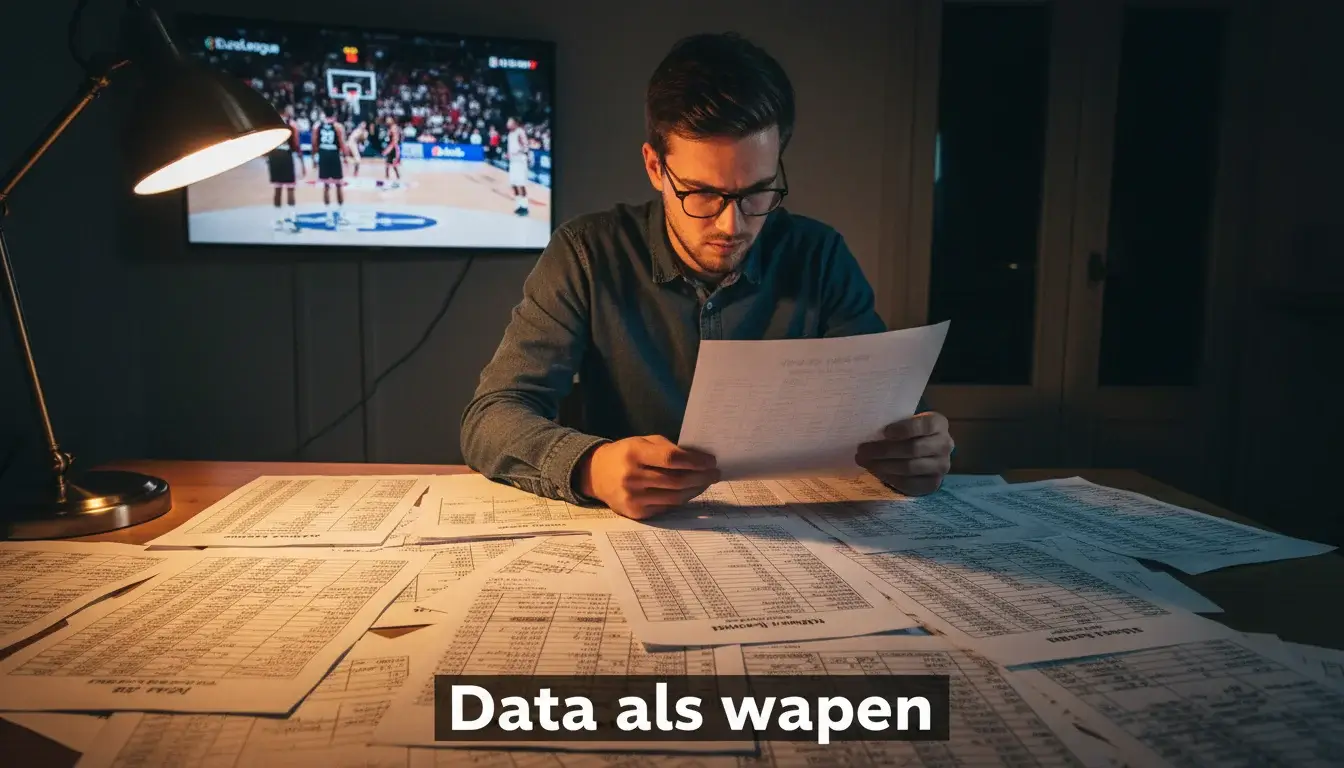 Analist bestudeert handgeschreven statistiekennotities bij een EuroLeague basketbalwedstrijd op tv