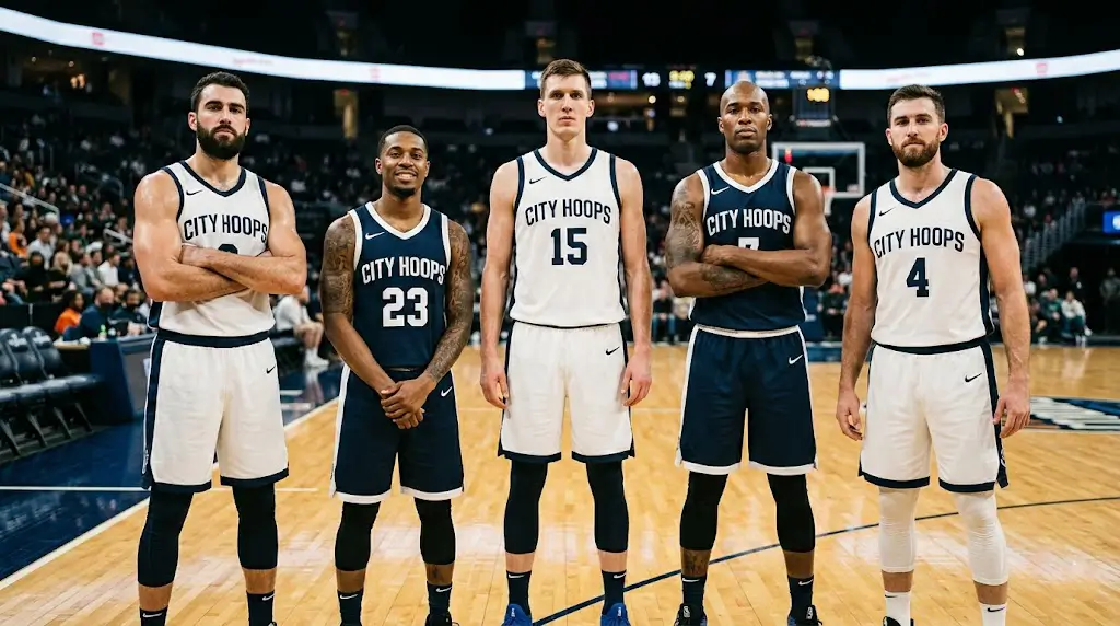 Groep basketbalspelers in EuroLeague-uitrusting staat klaar voor aanvang van een wedstrijd op een indoor parketvloer