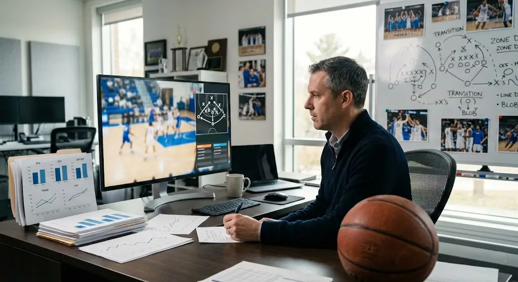 Basketbalcoach analyseert teamstatistieken en spelopbouw