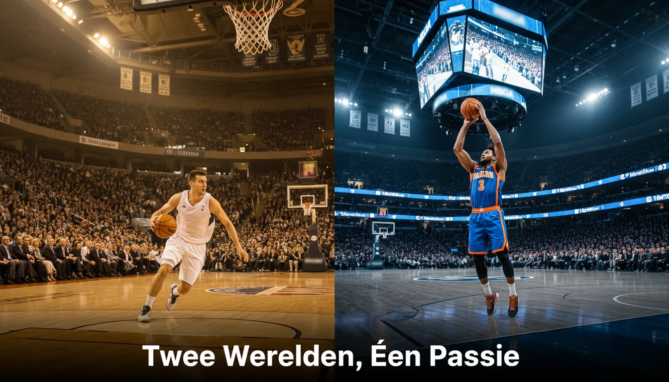 Twee basketbalspelers in Europese en Amerikaanse stijl uniform staan tegenover elkaar op een verlicht parket