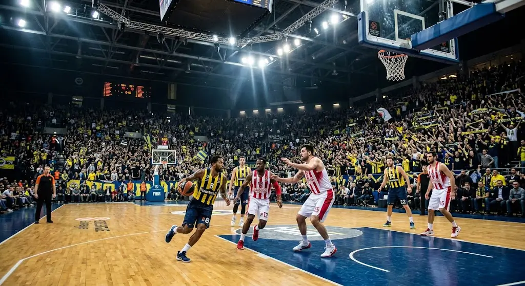 EuroLeague basketbalwedstrijd met spelers in actie op het veld