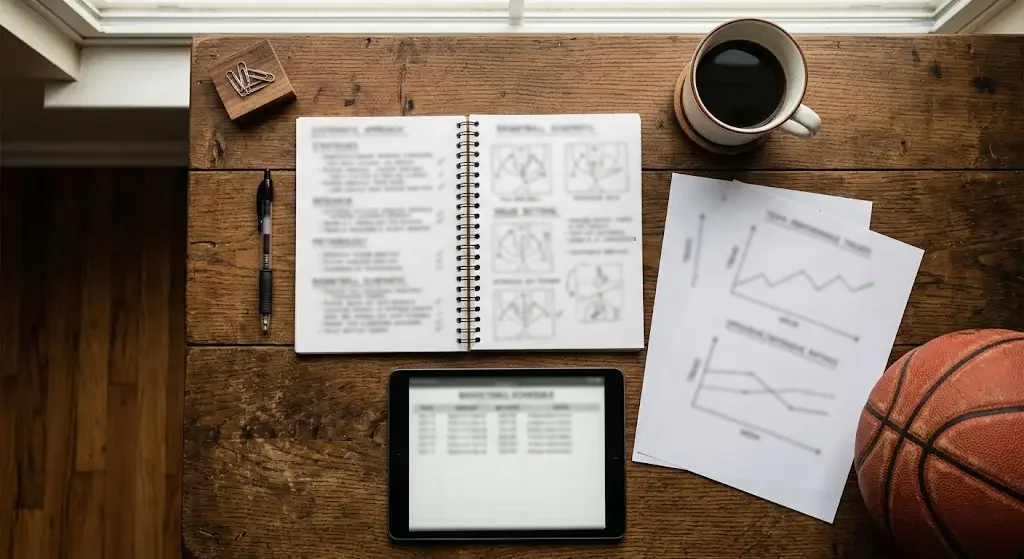 Persoon plant wedstrategie met notitieblok en basketbalschema