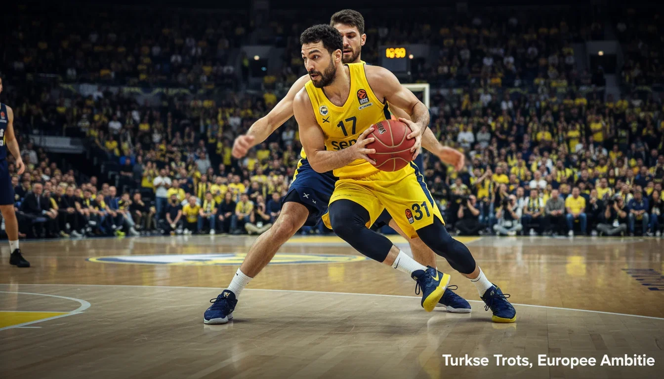 Fenerbahçe basketbalspeler in geel-donkerblauw tenue in aanval op het parket van een bruisende EuroLeague arena