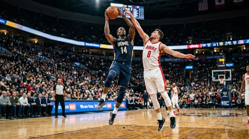 Basketbalwedstrijd in volle gang op verlicht indoor parket, spelers in duel om de bal terwijl toeschouwers meeleven