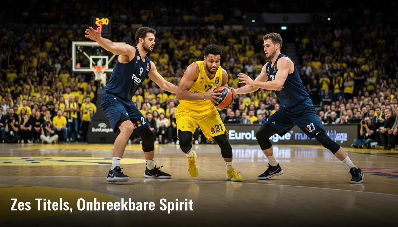 Maccabi Tel Aviv basketbalspeler in geel tenue dringt door de verdediging op een verlicht EuroLeague parket