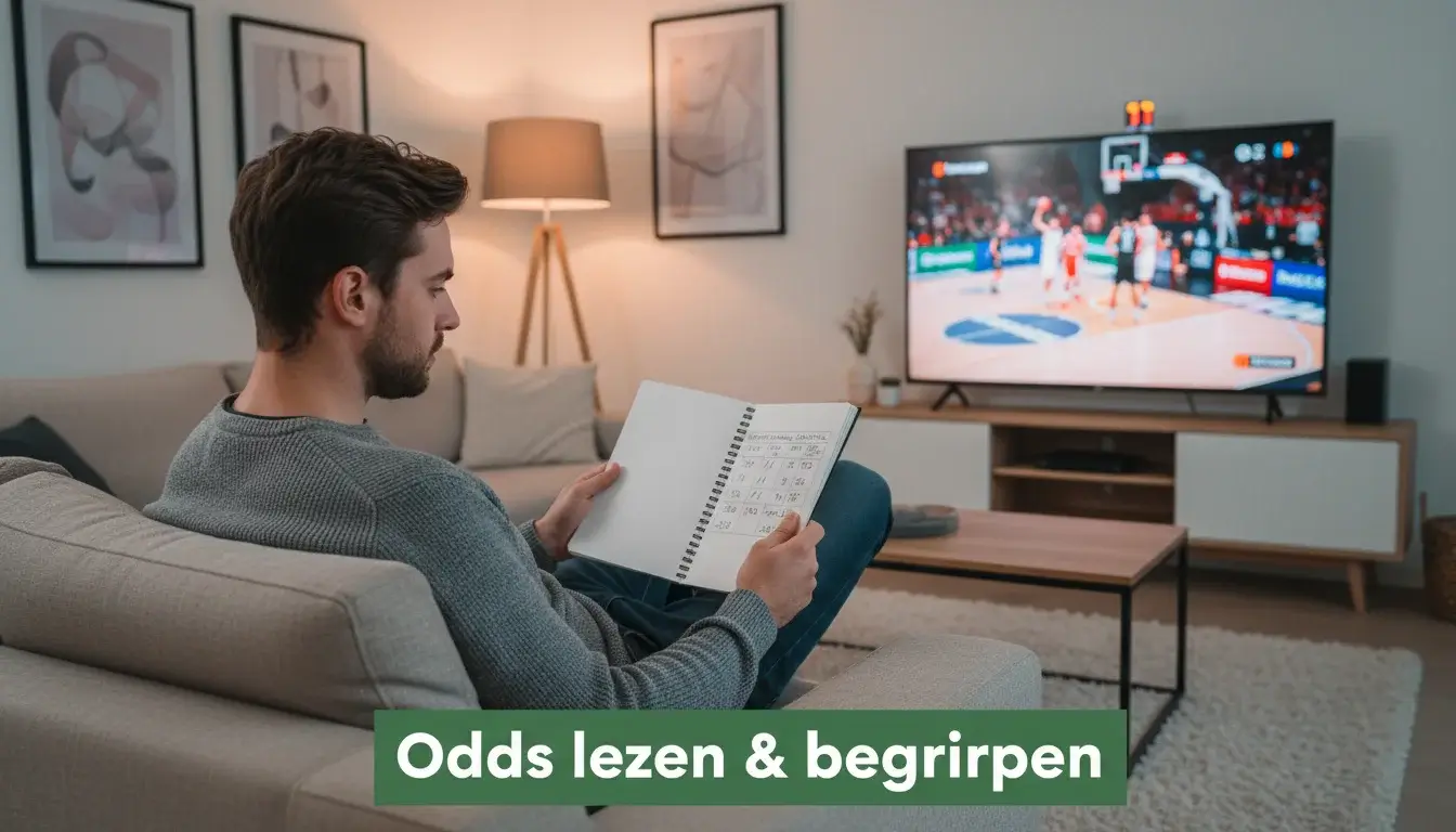 Persoon noteert odds in notitieboek naast EuroLeague basketbalwedstrijd op televisie