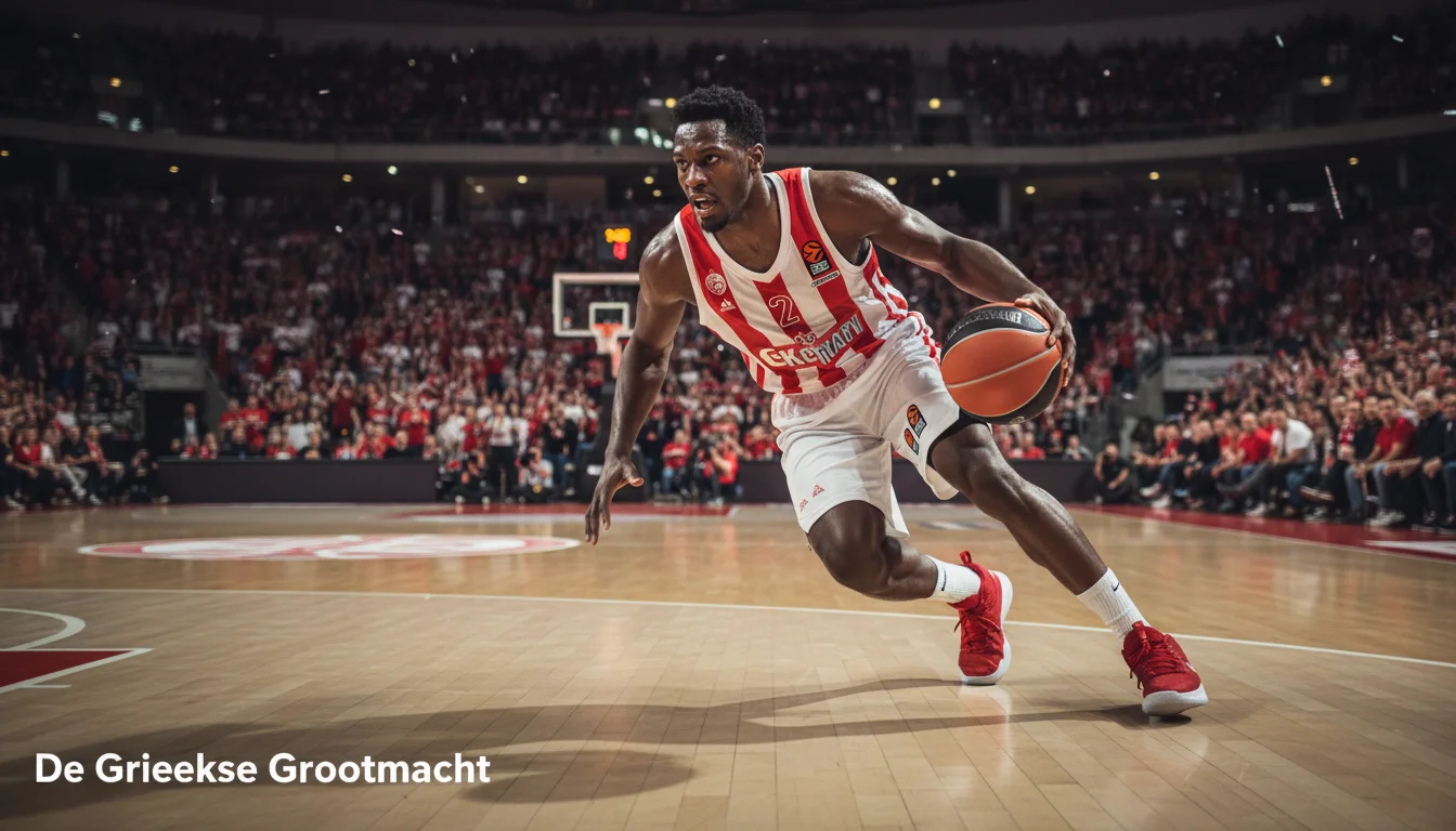 Olympiacos basketbalspeler in rood-wit tenue dribbelt op het parket van een uitverkochte thuisarena in Piraeus