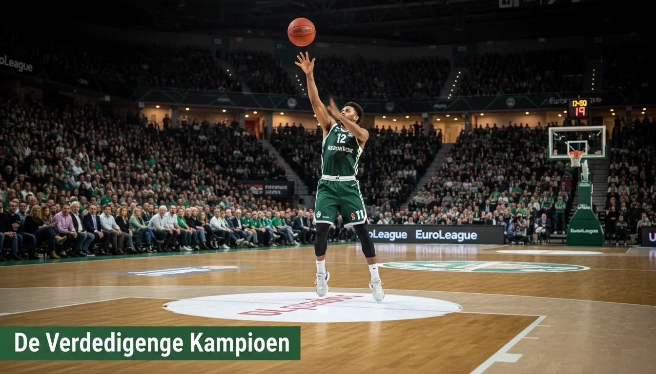 Panathinaikos basketbalspeler in groen tenue blokkeert aanval op het parket van een volle EuroLeague arena