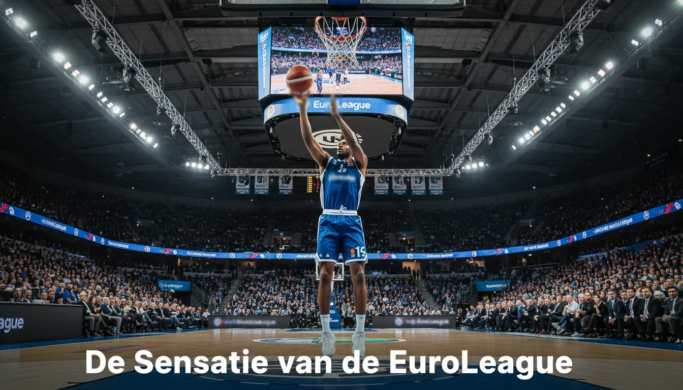 Paris Basketball speler in blauw-wit tenue legt aan voor een driepunter in een uitverkochte moderne arena