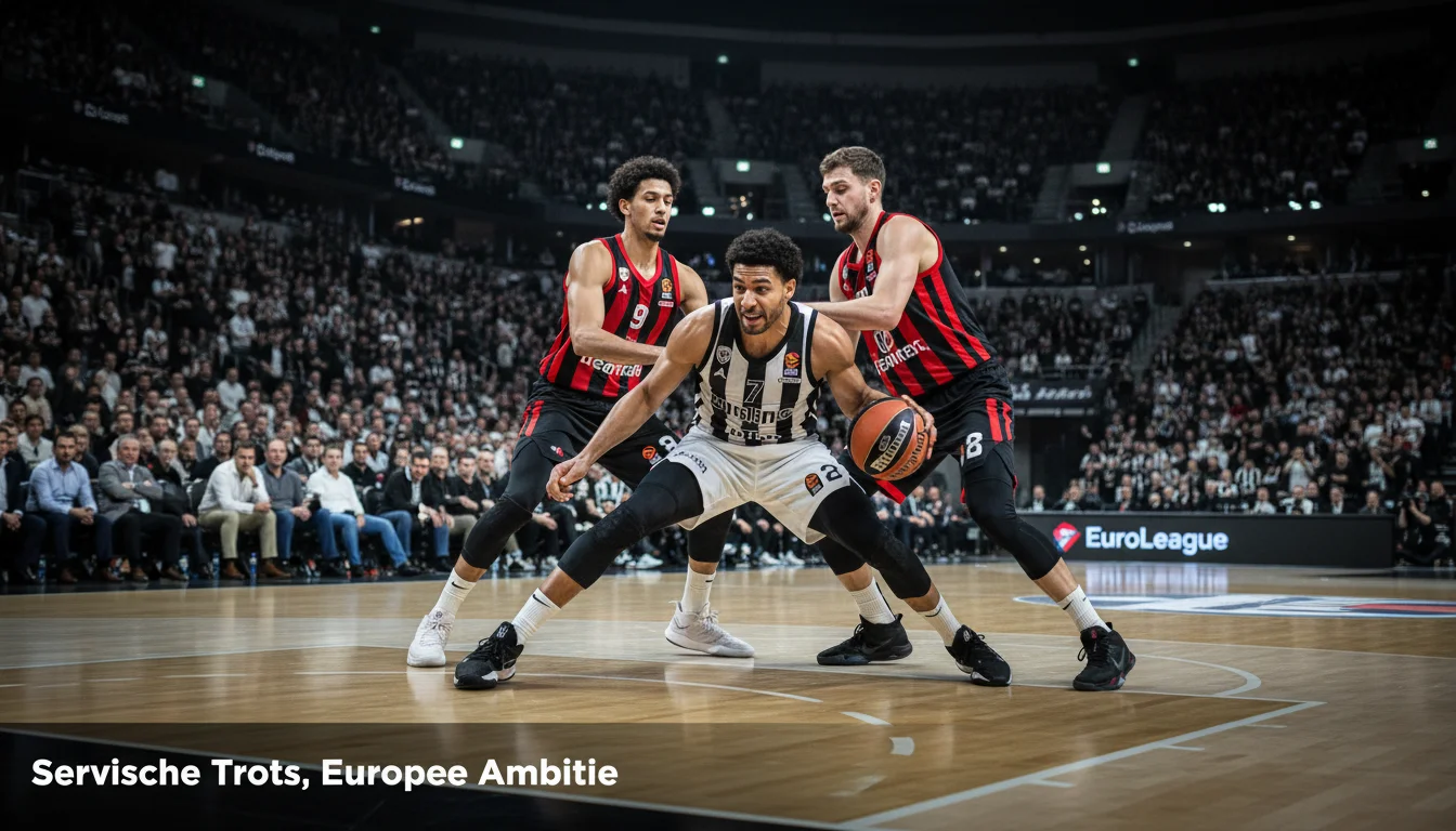 Partizan Belgrado basketbalspeler in zwart-wit tenue dringt door de verdediging in een kolkende EuroLeague arena