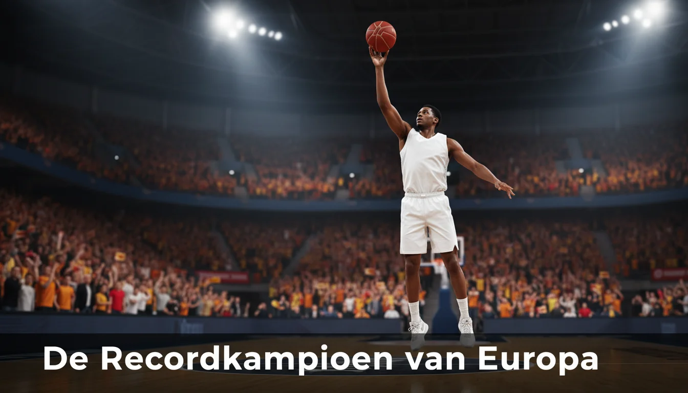 Real Madrid basketbalspeler in wit tenue legt aan voor een driepunter in een volle EuroLeague arena