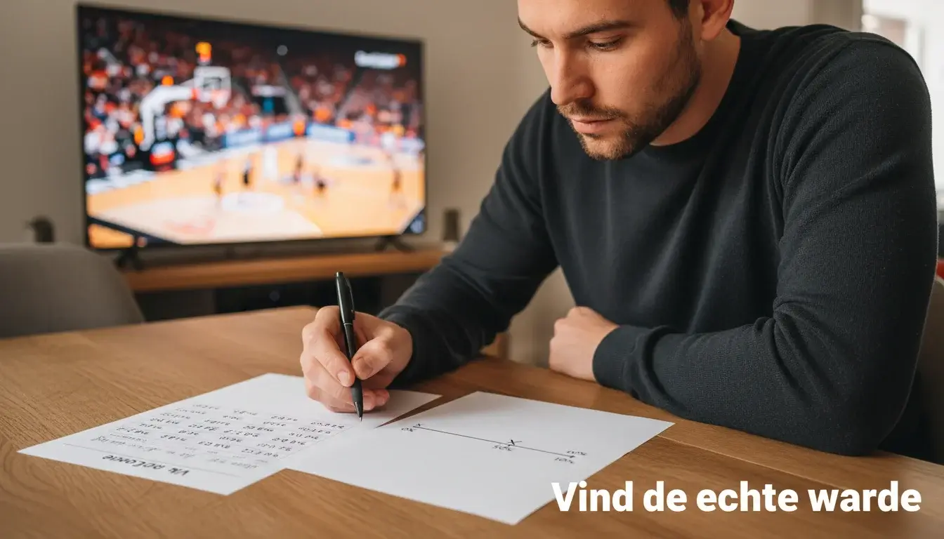 Geconcentreerde man vergelijkt kansen op papier met EuroLeague basketbal op televisie