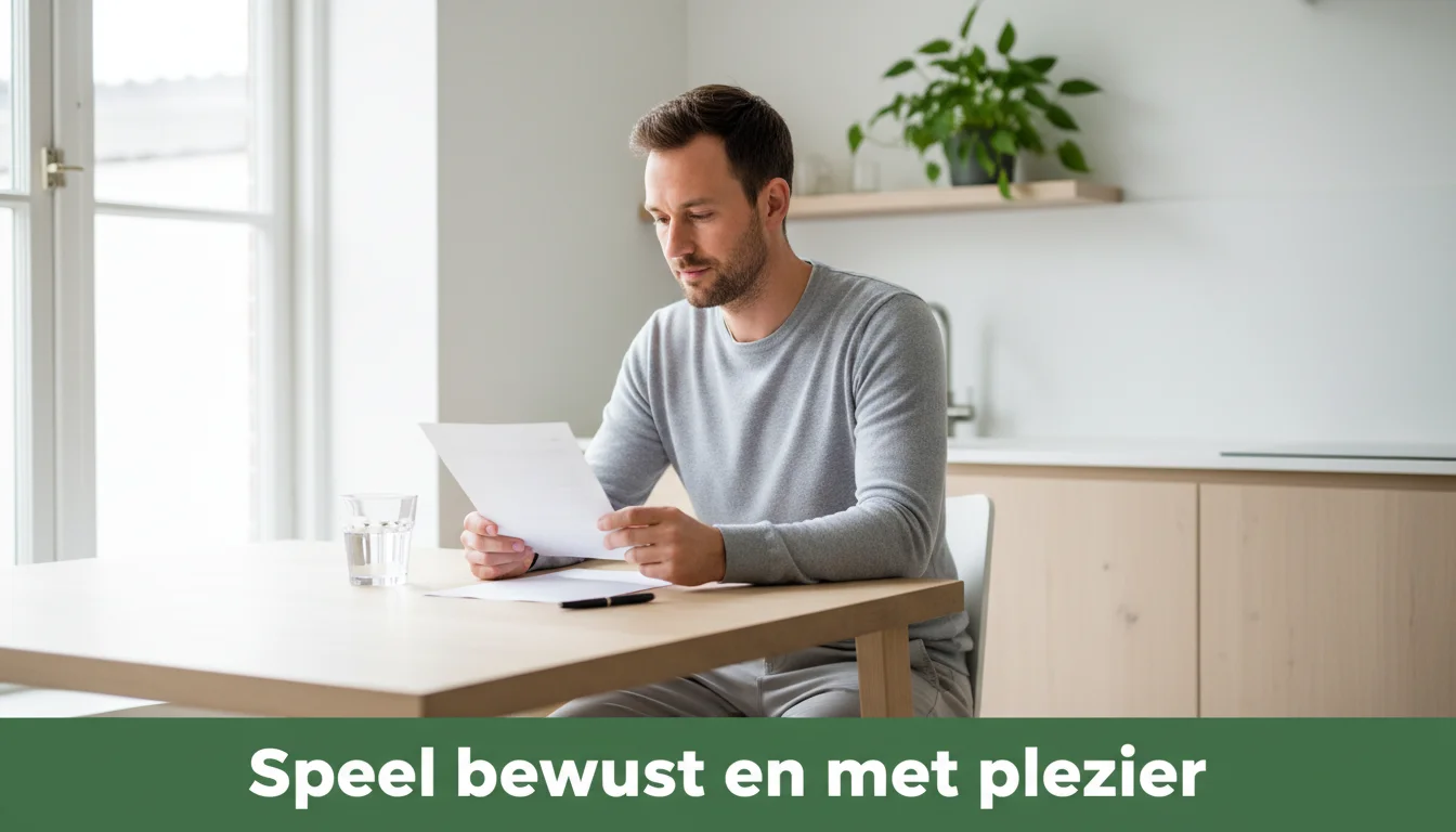 Rustige man leest bewust informatie over verantwoord gokken aan een tafel bij daglicht