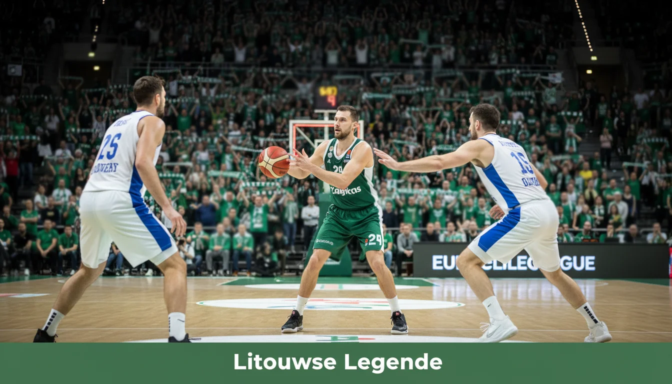 Zalgiris Kaunas basketbalspeler in groen-wit tenue passt door de verdediging voor een volle uitverkochte arena